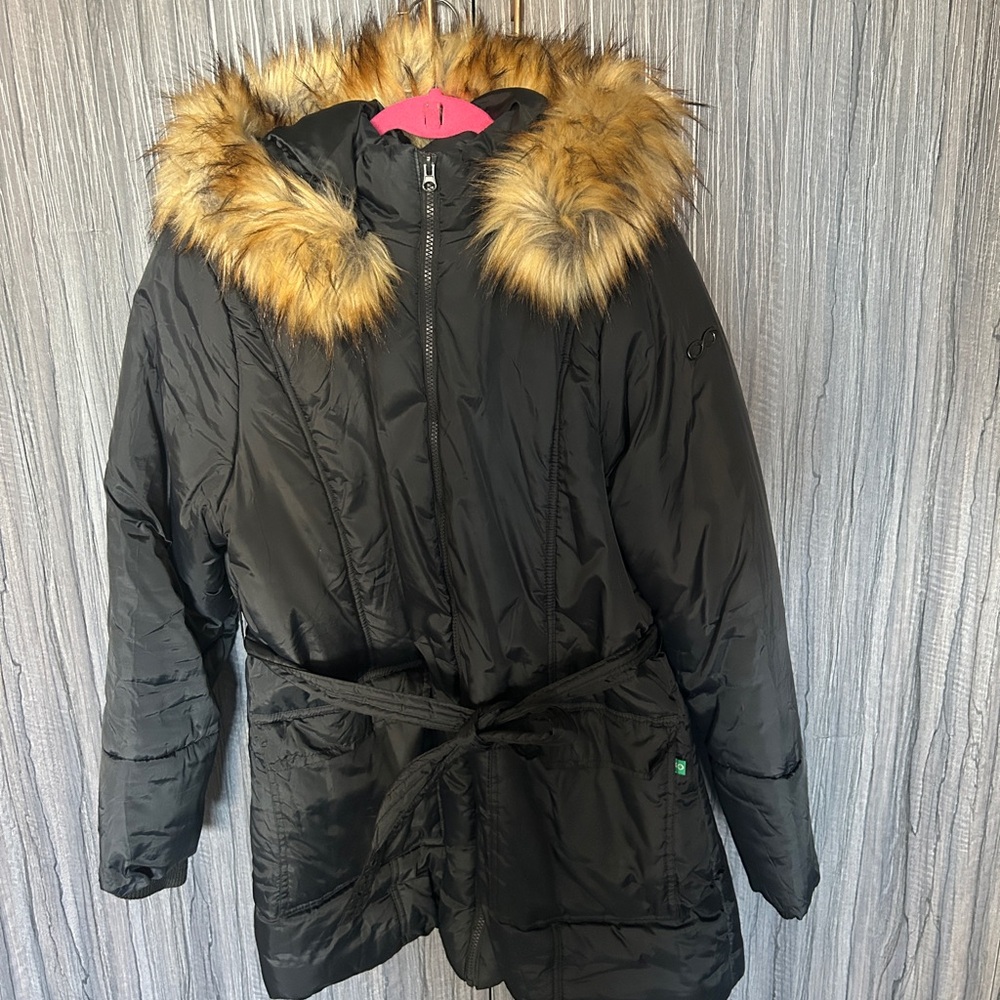 Modern Eternity Black Puffer Coat with Faux Fur Hood